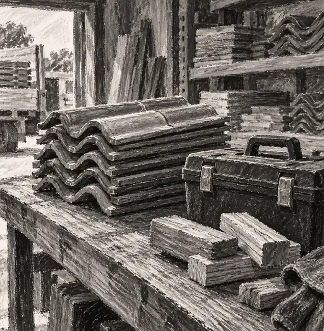 Illustration of roofing businesses equipment and workspace